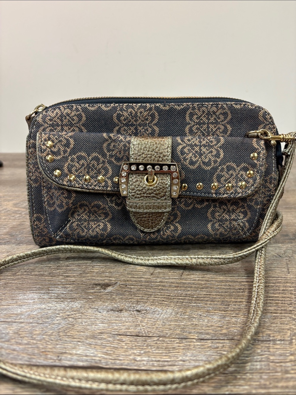 Kathy Van Zeeland Monogram Crossbody Wallet Purse Brown Gold Studded